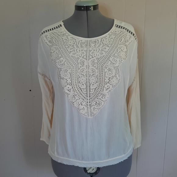 Sundance blouse top lace long sleeve crinkle cream M